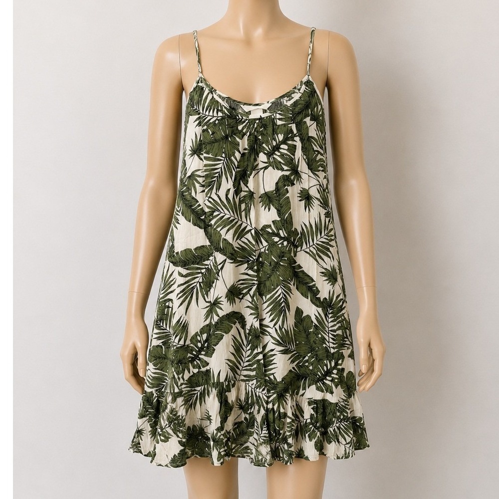 H&M Womens Mini Dress‎ Green Tropical Palm Leaf Tassel Tie XS